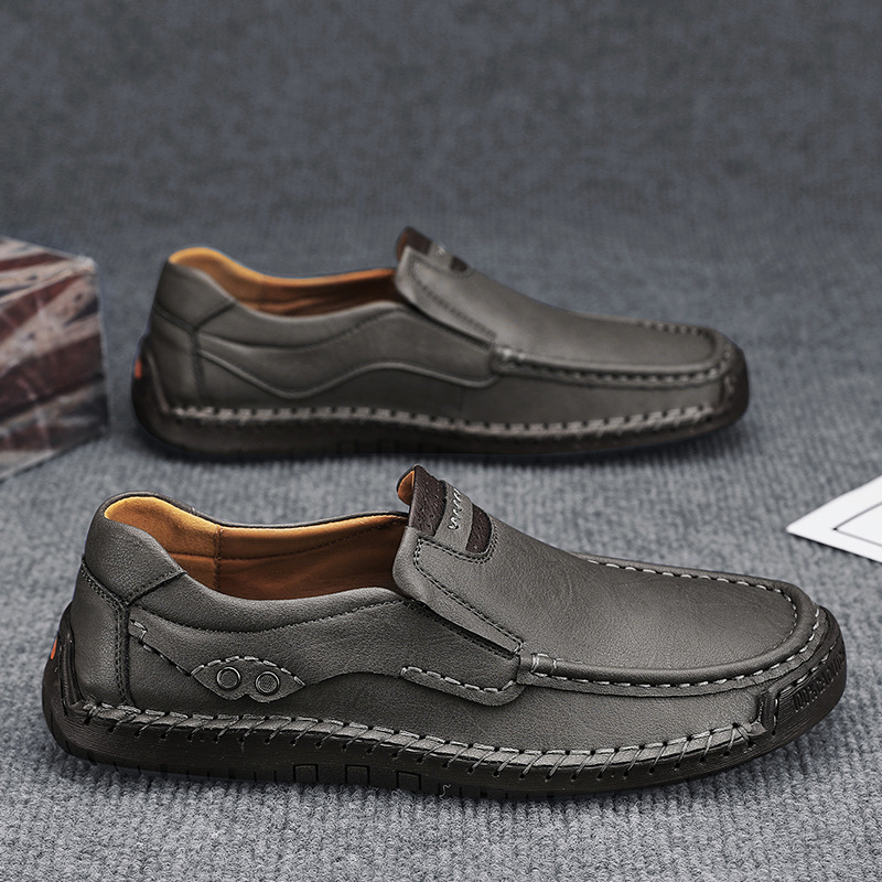 Cross-Border Large Size Hand-Stitched Men'S Shoes, Outdoor Casual Shoes, Slip-On Flat Leather Shoes, Low-Cut Large Size Cross-Border Loafers