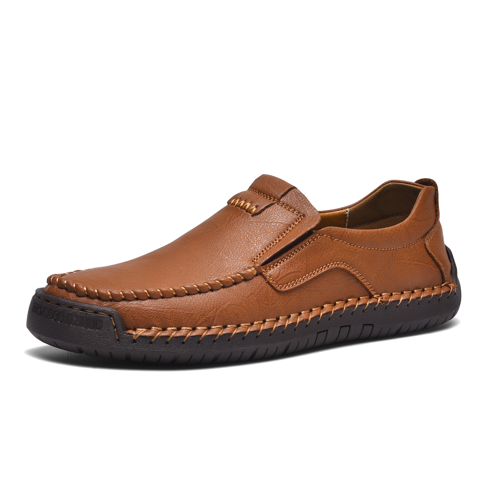 Men's Brown Genuine Leather Slip-On Loafers - Casual Comfort Shoes with Stitched Detailing