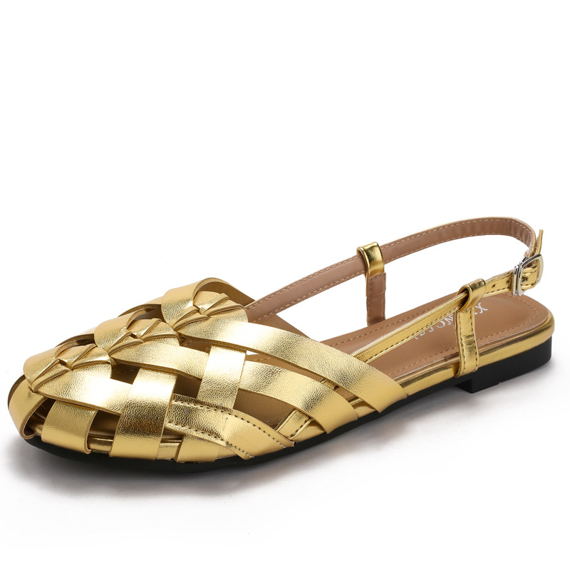 🔥Last Day 60% OFF🔥Women's Woven Closed-Toe Slingback Sandals, Breathable Hollow-Out Flat Roman Shoes with Adjustable Buckle