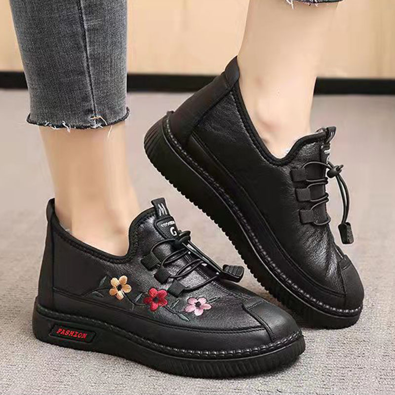 Leather Fur Moccasins Women Loafers for Elderly Females Soft Warm