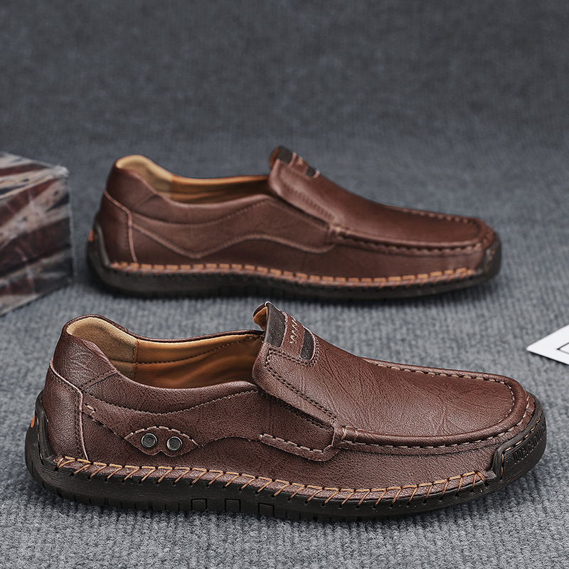 Cross-Border Large Size Hand-Stitched Men'S Shoes, Outdoor Casual Shoes, Slip-On Flat Leather Shoes, Low-Cut Large Size Cross-Border Loafers