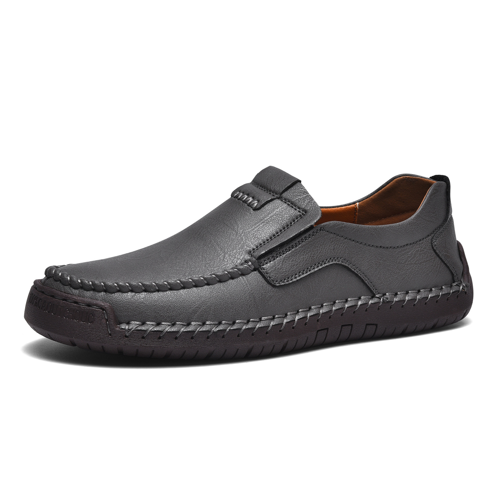 Men's Brown Genuine Leather Slip-On Loafers - Casual Comfort Shoes with Stitched Detailing