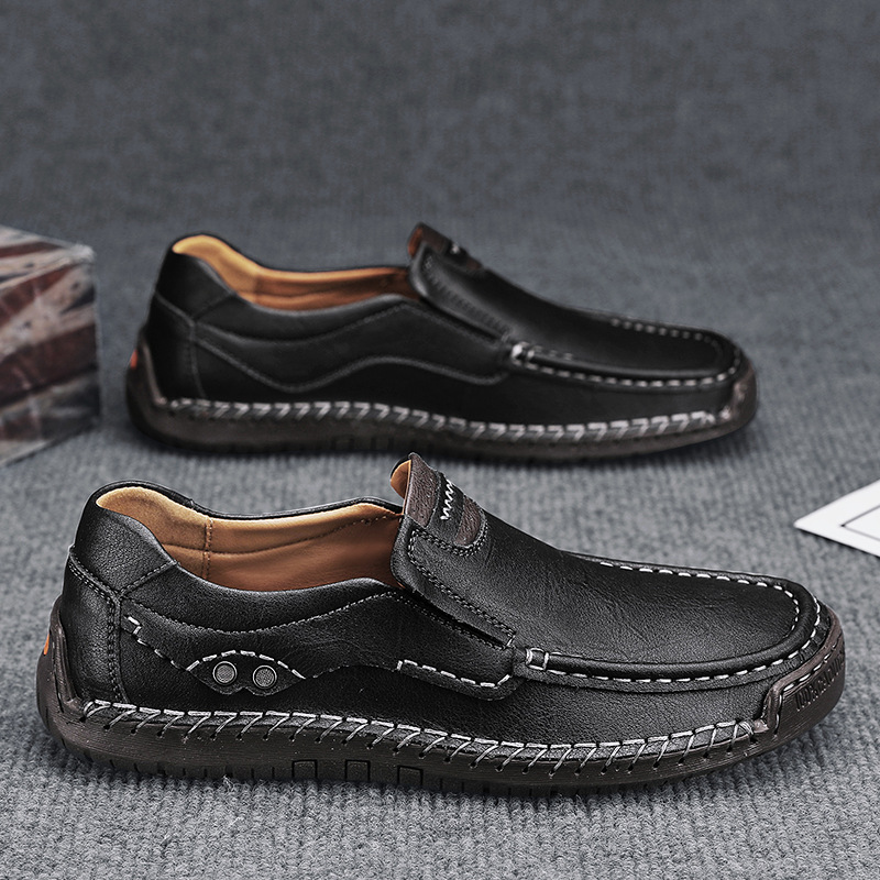 Cross-Border Large Size Hand-Stitched Men'S Shoes, Outdoor Casual Shoes, Slip-On Flat Leather Shoes, Low-Cut Large Size Cross-Border Loafers