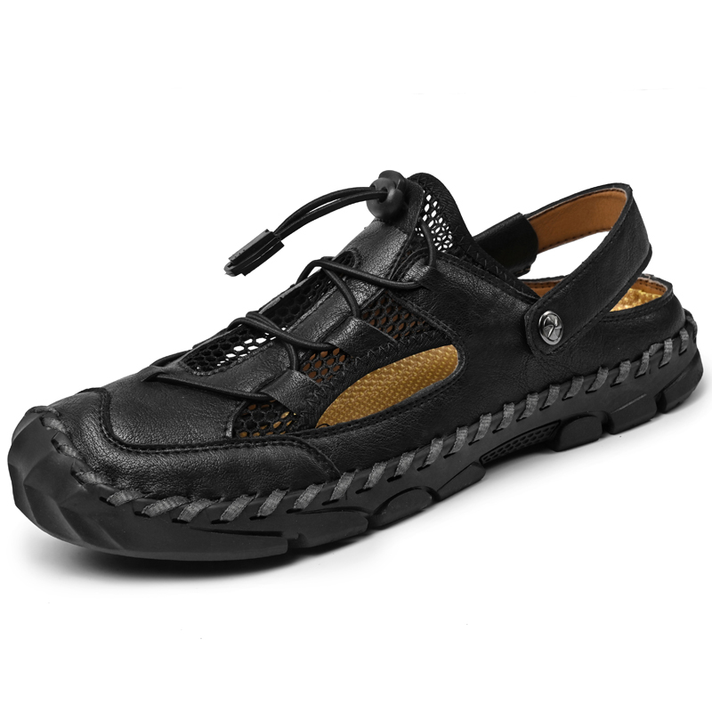 🔥Last Day 60% OFF🔥Men's Breathable Mesh & Leather Closed-Toe Sandals, Convertible 2-in-1 Casual Slides, Soft Non-Slip Summer Shoes