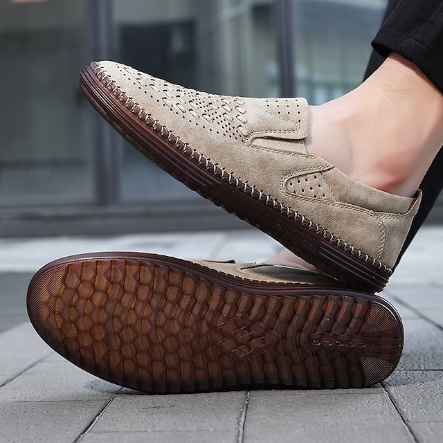 Men's Brown Suede Breathable Slip-On Loafers – Stylish Woven Design Casual Shoes for Summer, Lightweight & Comfortable Walking Footwear