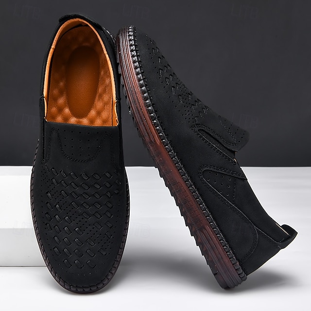 Men's Brown Suede Breathable Slip-On Loafers – Stylish Woven Design Casual Shoes for Summer, Lightweight & Comfortable Walking Footwear