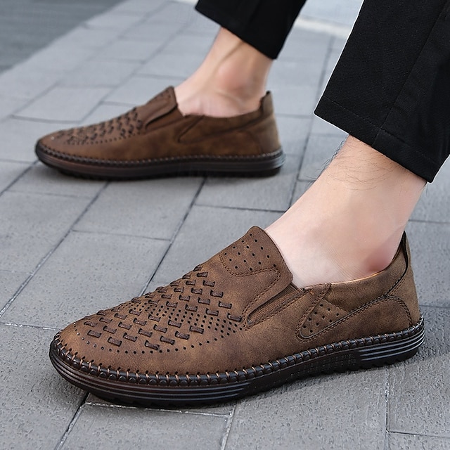 Men's Brown Suede Breathable Slip-On Loafers – Stylish Woven Design Casual Shoes for Summer, Lightweight & Comfortable Walking Footwear