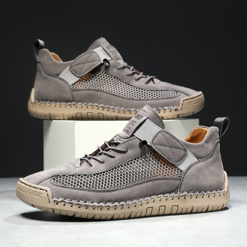 Handmade Leather Mesh Breathable Elastic Strap Casual Shoes for Easy On/Off