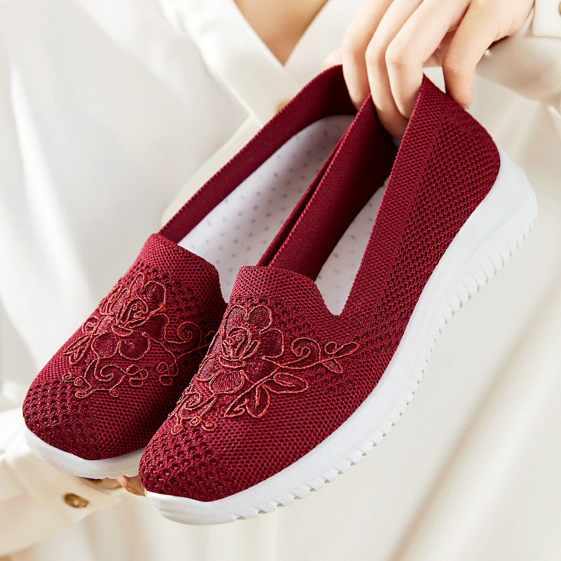  Women's Knitted Embroidery Sneakers, Lightweight Breathable Slip On Orthopedic Soft Sole Shoes