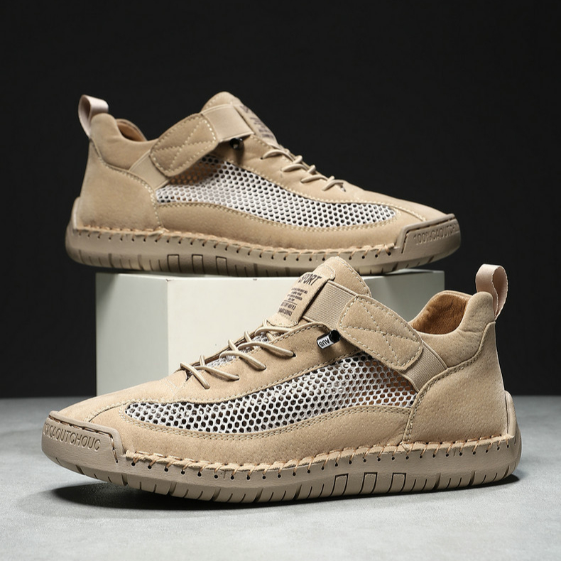 Handmade Leather Mesh Breathable Elastic Strap Casual Shoes for Easy On/Off