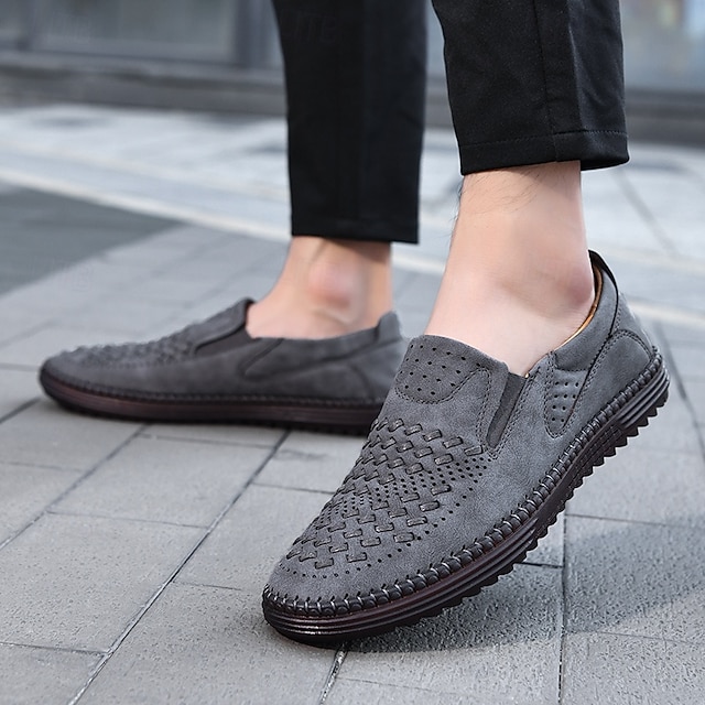 Men's Brown Suede Breathable Slip-On Loafers – Stylish Woven Design Casual Shoes for Summer, Lightweight & Comfortable Walking Footwear