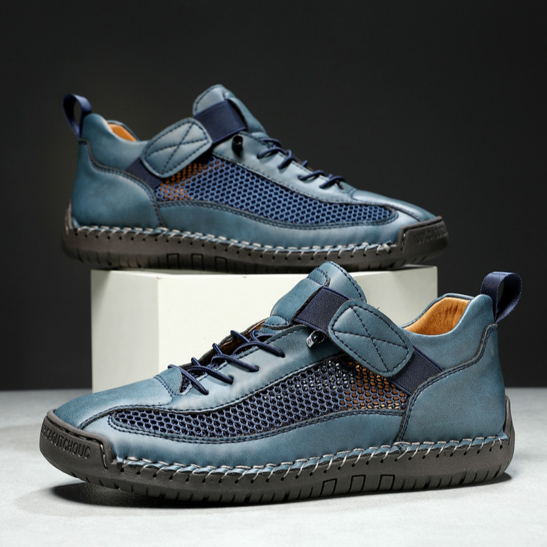 Handmade Leather Mesh Breathable Elastic Strap Casual Shoes for Easy On/Off