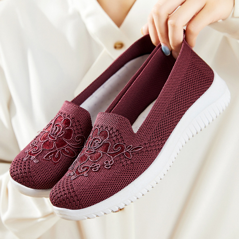 Women's Knitted Embroidery Sneakers, Lightweight Breathable Slip On Orthopedic Soft Sole Shoes