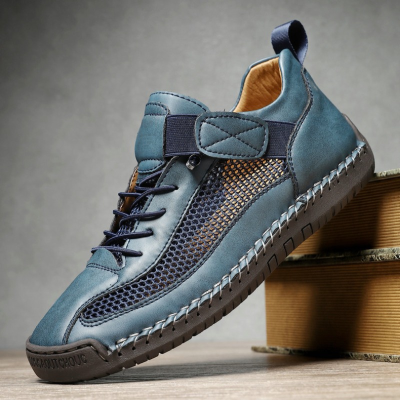 Handmade Leather Mesh Breathable Elastic Strap Casual Shoes for Easy On/Off