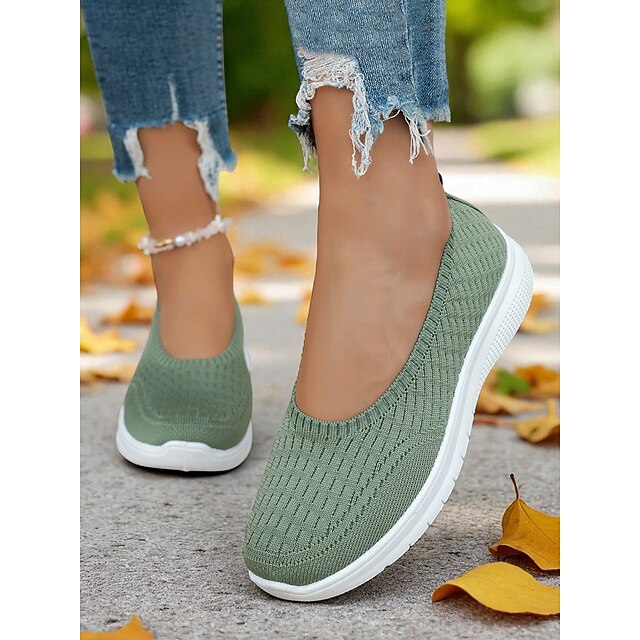 Women's Green Flyknit Walking Sneakers – Lightweight Slip-On Comfort Shoes for Outdoor Strolls, Shopping and All-Day Wear