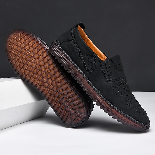 Men's Brown Suede Breathable Slip-On Loafers – Stylish Woven Design Casual Shoes for Summer, Lightweight & Comfortable Walking Footwear
