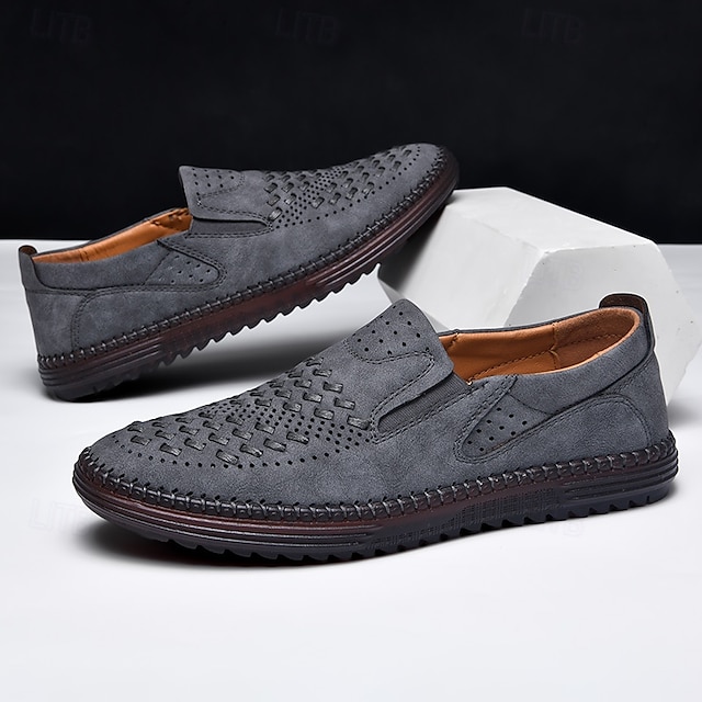 Men's Brown Suede Breathable Slip-On Loafers – Stylish Woven Design Casual Shoes for Summer, Lightweight & Comfortable Walking Footwear