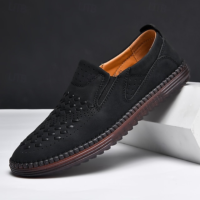 Men's Brown Suede Breathable Slip-On Loafers – Stylish Woven Design Casual Shoes for Summer, Lightweight & Comfortable Walking Footwear