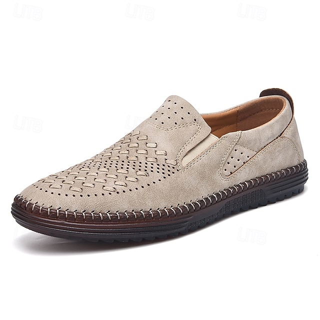 Men's Brown Suede Breathable Slip-On Loafers – Stylish Woven Design Casual Shoes for Summer, Lightweight & Comfortable Walking Footwear