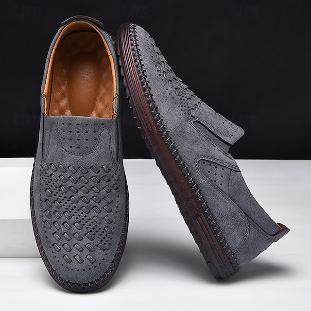 Men's Brown Suede Breathable Slip-On Loafers – Stylish Woven Design Casual Shoes for Summer, Lightweight & Comfortable Walking Footwear