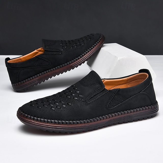 Men's Brown Suede Breathable Slip-On Loafers – Stylish Woven Design Casual Shoes for Summer, Lightweight & Comfortable Walking Footwear