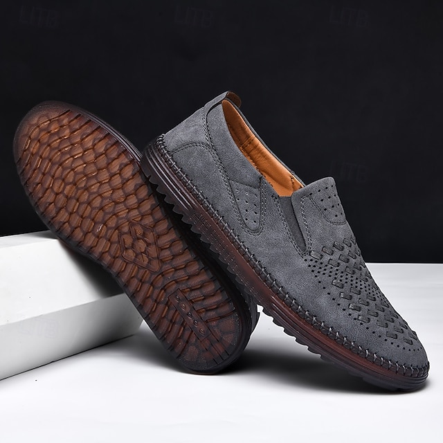 Men's Brown Suede Breathable Slip-On Loafers – Stylish Woven Design Casual Shoes for Summer, Lightweight & Comfortable Walking Footwear