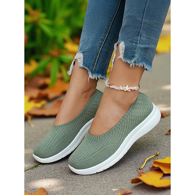Women's Green Flyknit Walking Sneakers – Lightweight Slip-On Comfort Shoes for Outdoor Strolls, Shopping and All-Day Wear