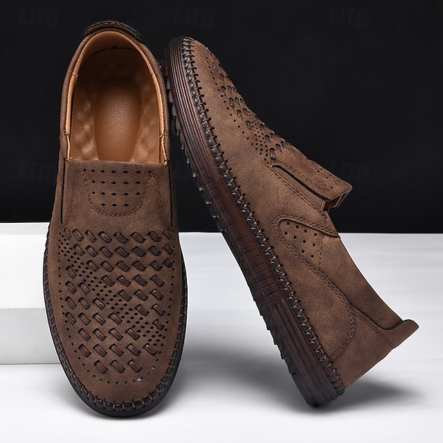 Men's Brown Suede Breathable Slip-On Loafers – Stylish Woven Design Casual Shoes for Summer, Lightweight & Comfortable Walking Footwear