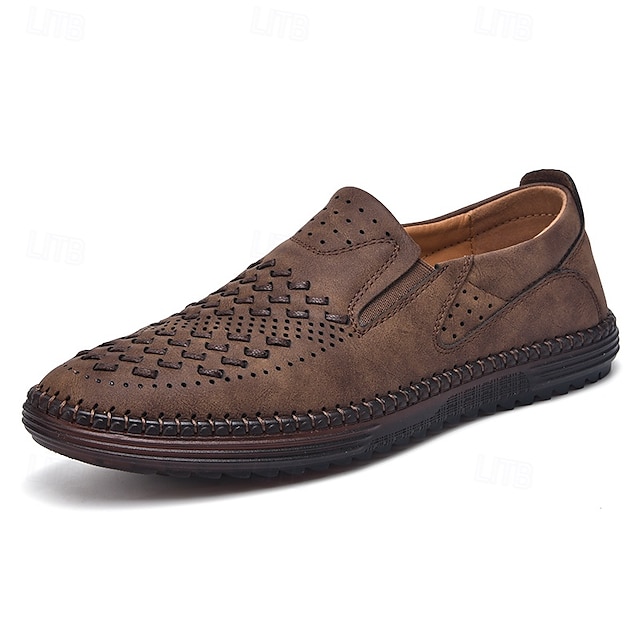Men's Brown Suede Breathable Slip-On Loafers – Stylish Woven Design Casual Shoes for Summer, Lightweight & Comfortable Walking Footwear