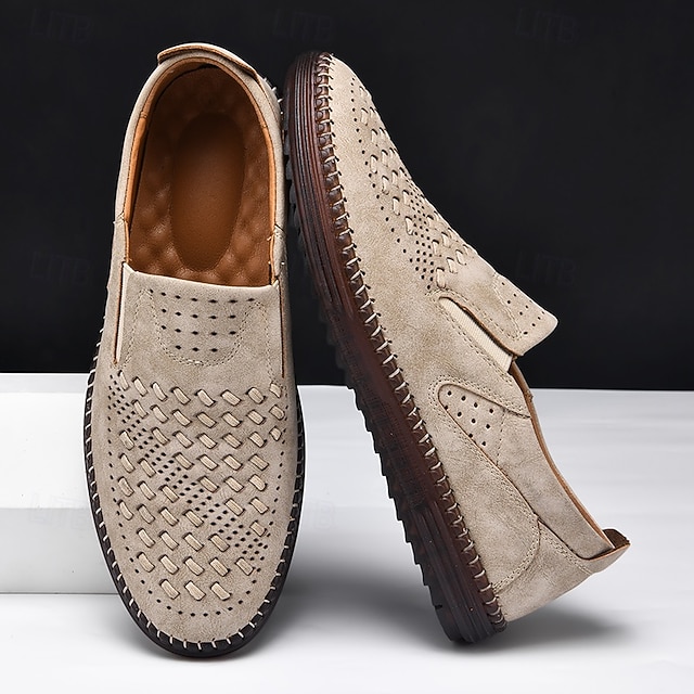 Men's Brown Suede Breathable Slip-On Loafers – Stylish Woven Design Casual Shoes for Summer, Lightweight & Comfortable Walking Footwear