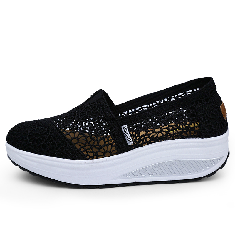 Women's Floral Embroidery Lace Mesh Air Cushion Sneakers,Comfortable Orthopedic Diabetic Walking Toning Shoes Breathable Slip On Platform Loafers Casual Fashion Rocker Shoes