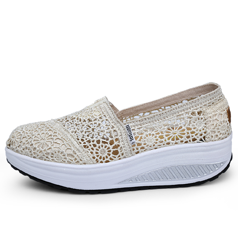 Women's Floral Embroidery Lace Mesh Air Cushion Sneakers,Comfortable Orthopedic Diabetic Walking Toning Shoes Breathable Slip On Platform Loafers Casual Fashion Rocker Shoes