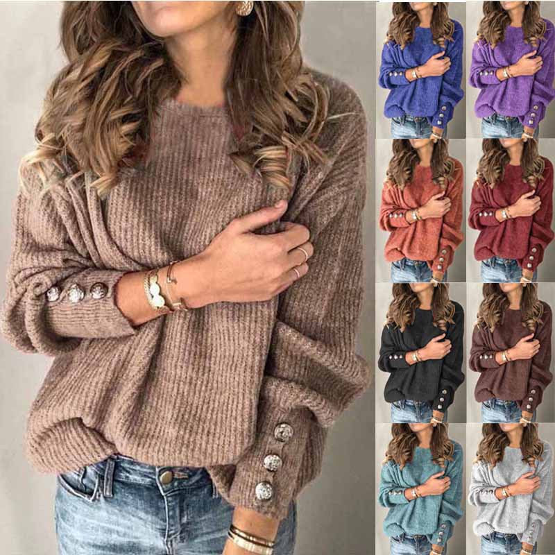 Women's Street Hipster Long-sleeved Round Neck Button Sweater Top T-shirt