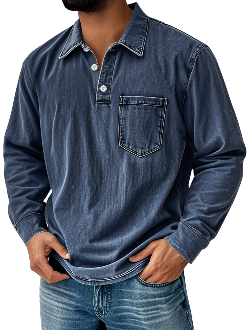 Men's Vintage Distressed Lapel Pocket Casual Long-sleeved Polo Shirt
