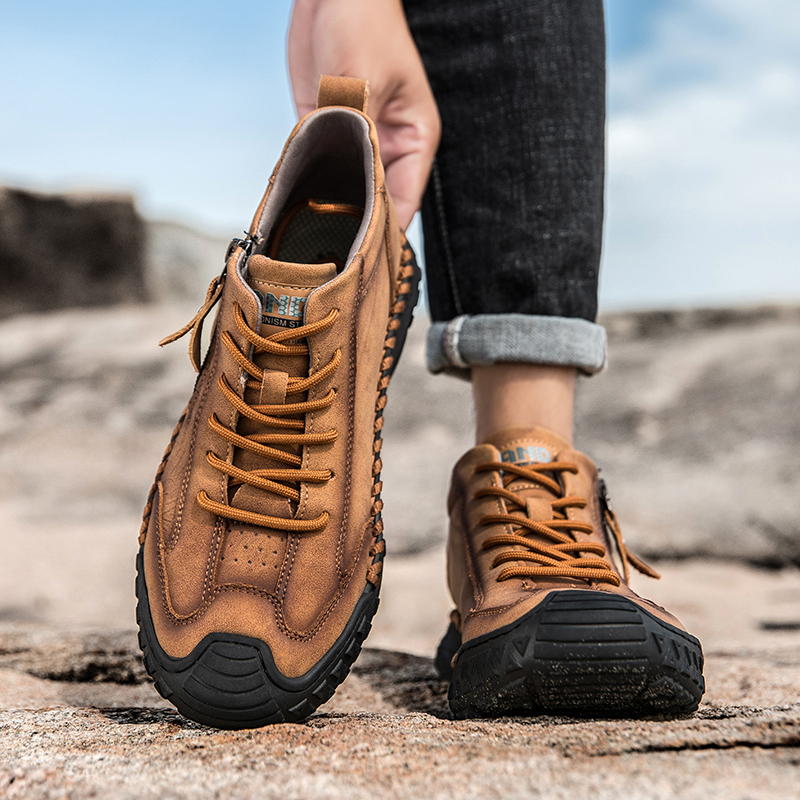 Men's Outdoor Leather Shoes with Zipper – Waterproof, Arch Support & Wide Toe Comfort