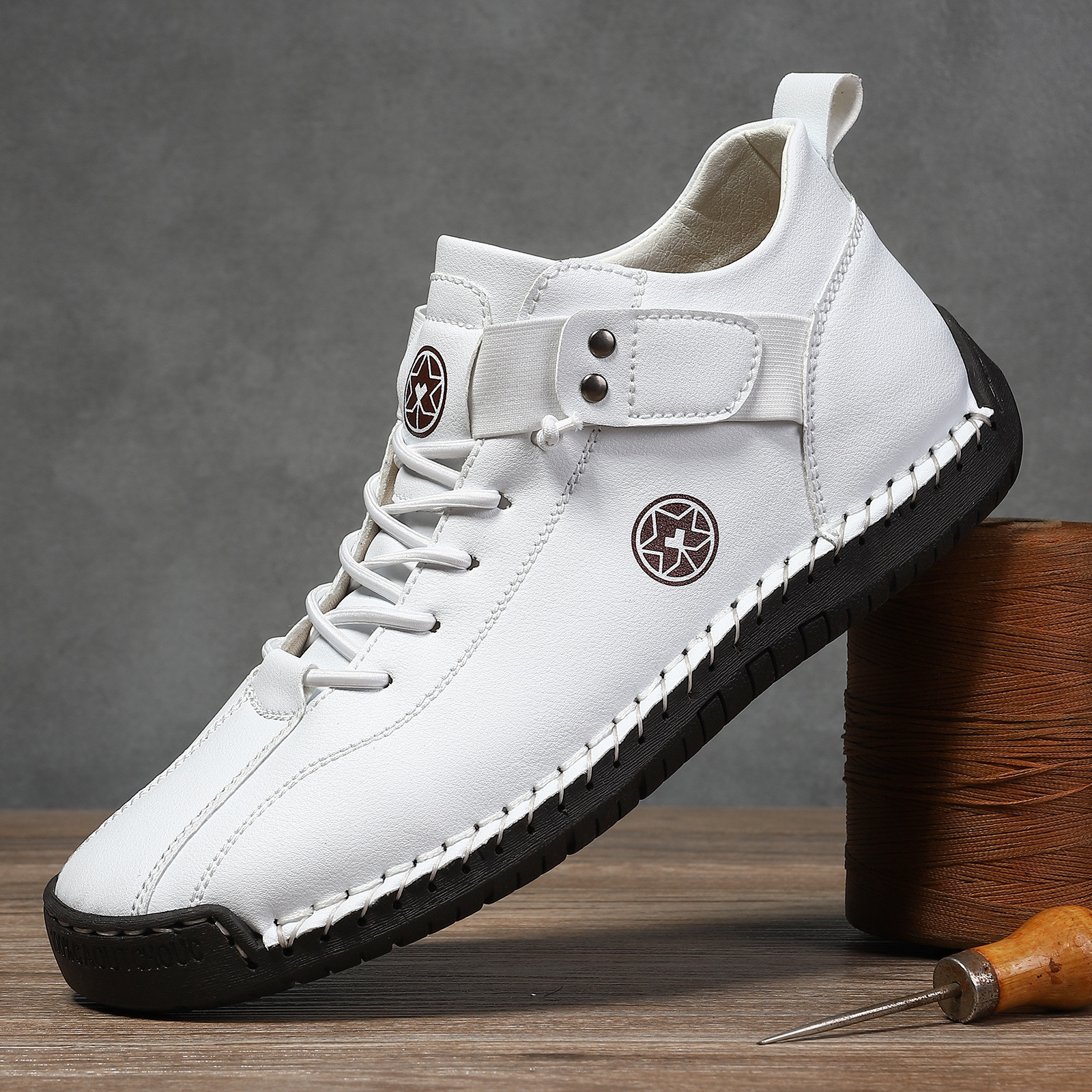 Cross-Border Independent Station Temu Large Size Men'S Leather Shoes Hand-Stitched Outdoor Casual Men'S Shoes Flat Slip-On Slip-Ons