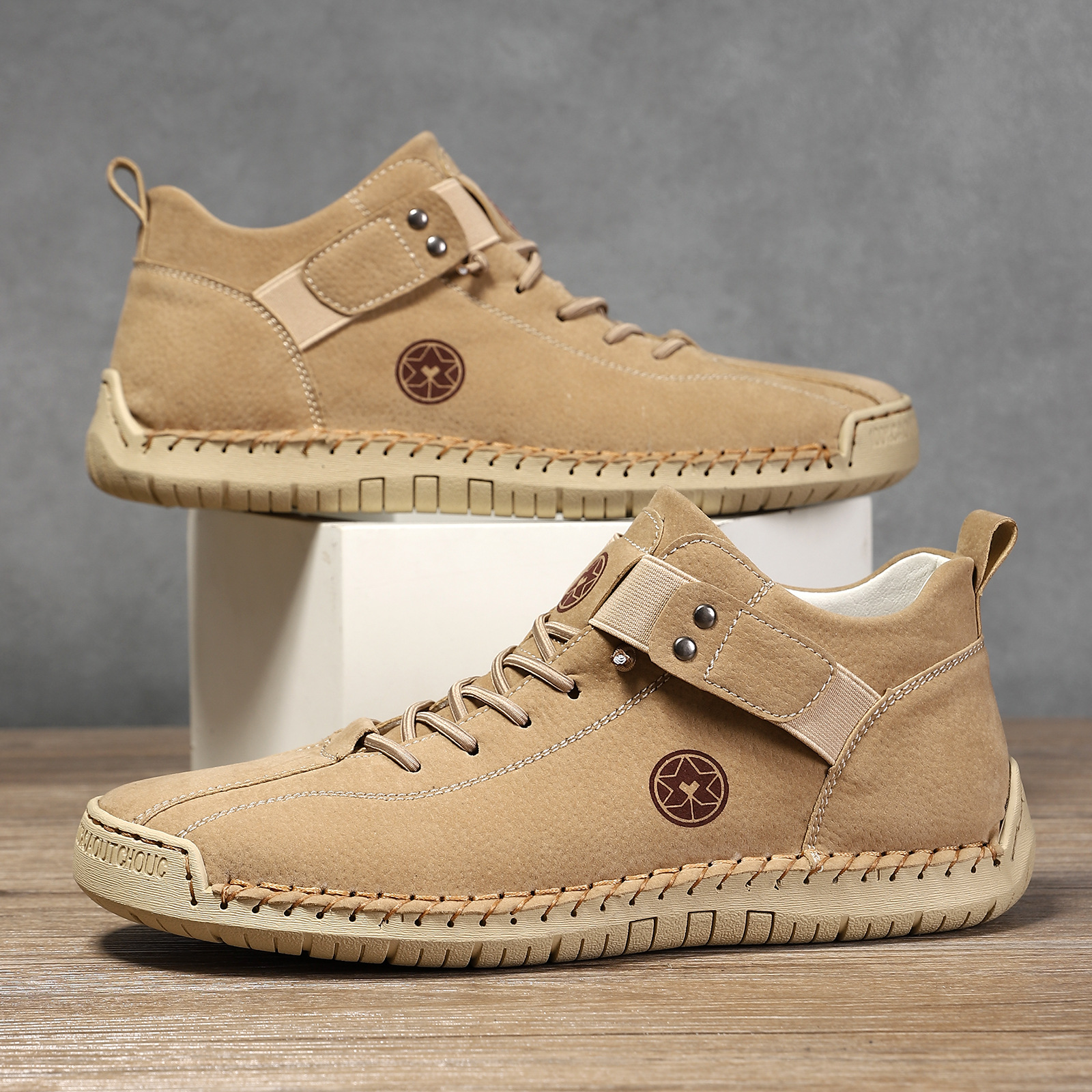 Cross-Border Independent Station Temu Large Size Men'S Leather Shoes Hand-Stitched Outdoor Casual Men'S Shoes Flat Slip-On Slip-Ons