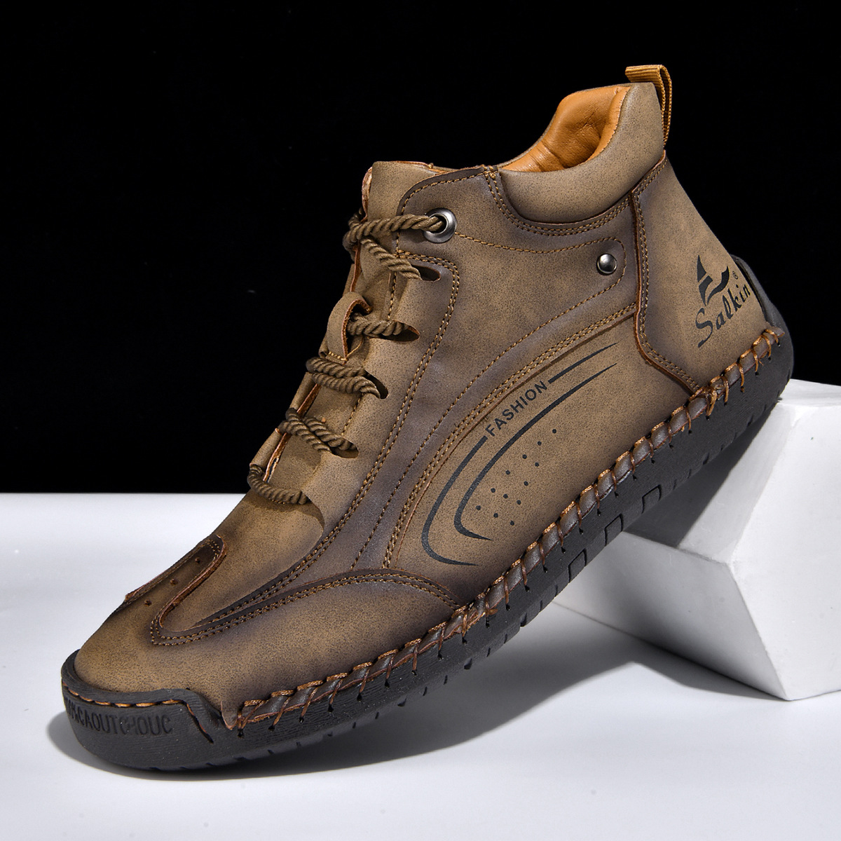 Foreign Trade Large Size Hand-Stitched Sole Men'S Fashion Leather Boots Outdoor Comfortable Casual Martin Boots Street Fashion Loafers