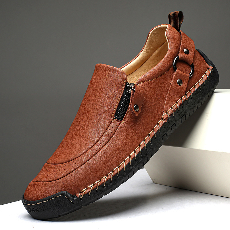 Foreign Trade Men'S Shoes, Outdoor Casual Shoes, Slip-Ons, Flat Soles, Hand-Stitched Leather Shoes, Low-Cut Cross-Border Large Size Loafers