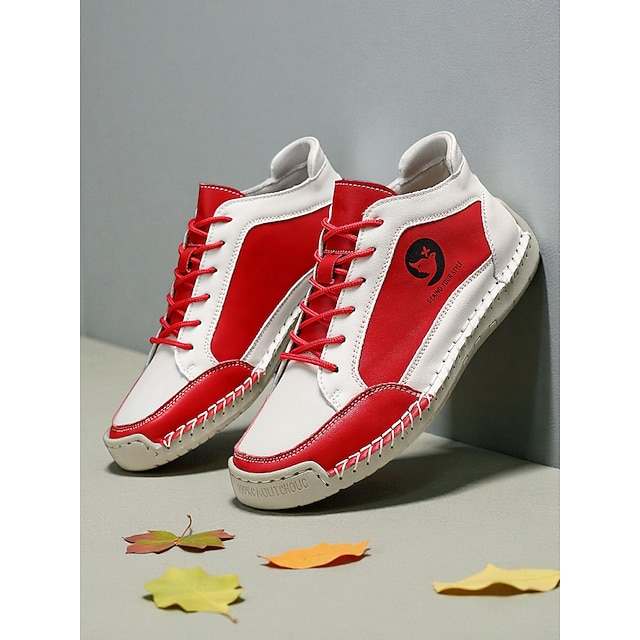 Women's Red and White Casual Walking Sneakers – Soft Flexible Sole, Retro Sport Style, Ideal for Holiday Outfits, Daily Errands, Outdoor Strolls and Christmas-Themed Looks