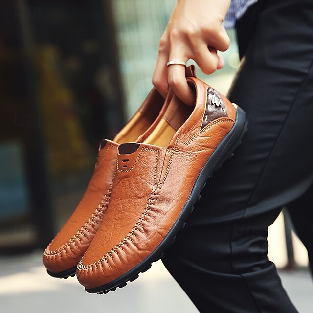 Men's Casual Brown Loafers with Soft Faux Leather Upper, Hand-Stitched Detailing, and Durable Rubber Sole - Perfect for Everyday Wear and Outdoor Activities
