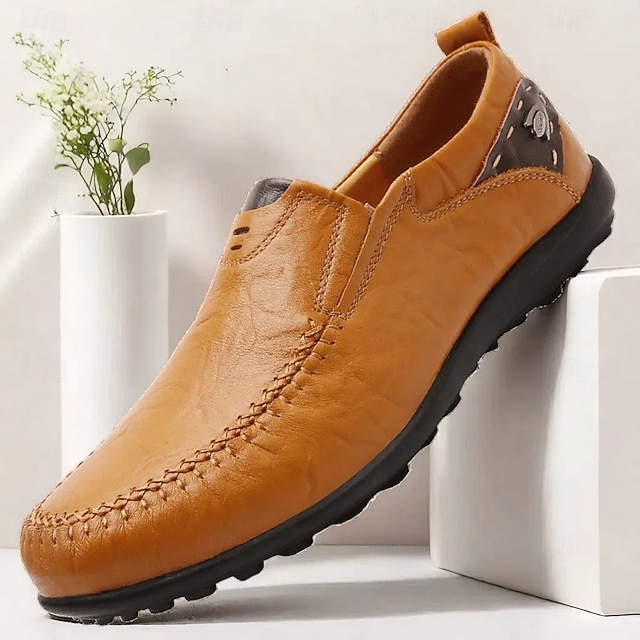 Men's Casual Brown Loafers with Soft Faux Leather Upper, Hand-Stitched Detailing, and Durable Rubber Sole - Perfect for Everyday Wear and Outdoor Activities