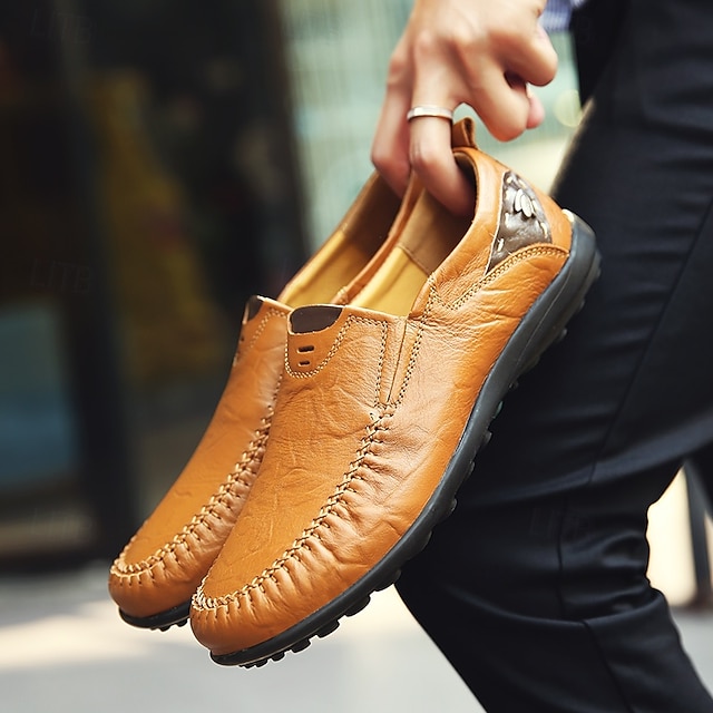 Men's Casual Brown Loafers with Soft Faux Leather Upper, Hand-Stitched Detailing, and Durable Rubber Sole - Perfect for Everyday Wear and Outdoor Activities