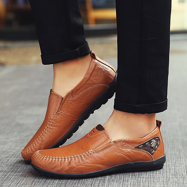 Men's Casual Brown Loafers with Soft Faux Leather Upper, Hand-Stitched Detailing, and Durable Rubber Sole - Perfect for Everyday Wear and Outdoor Activities