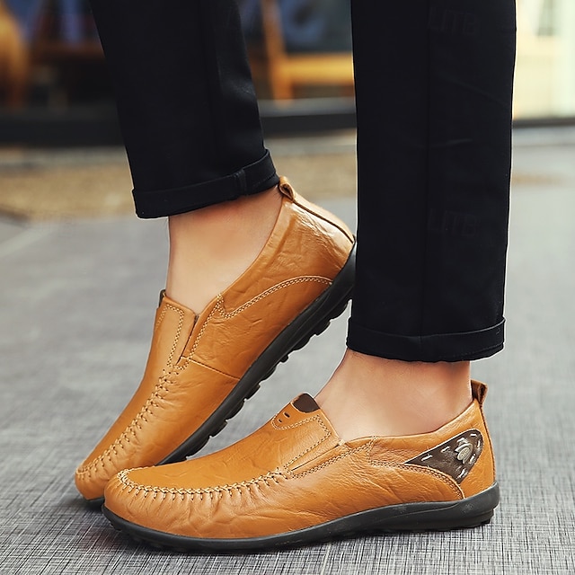 Men's Casual Brown Loafers with Soft Faux Leather Upper, Hand-Stitched Detailing, and Durable Rubber Sole - Perfect for Everyday Wear and Outdoor Activities