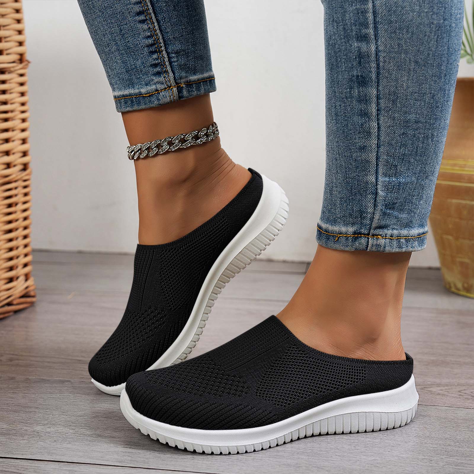 longantii Orthopedic Casual Shoes for Women Arch Support Slip on Non Slip Golf Shoes Lightweight Knitted Mesh Stretch House Shoes Comfortable 2026 New Foam Shoes Black