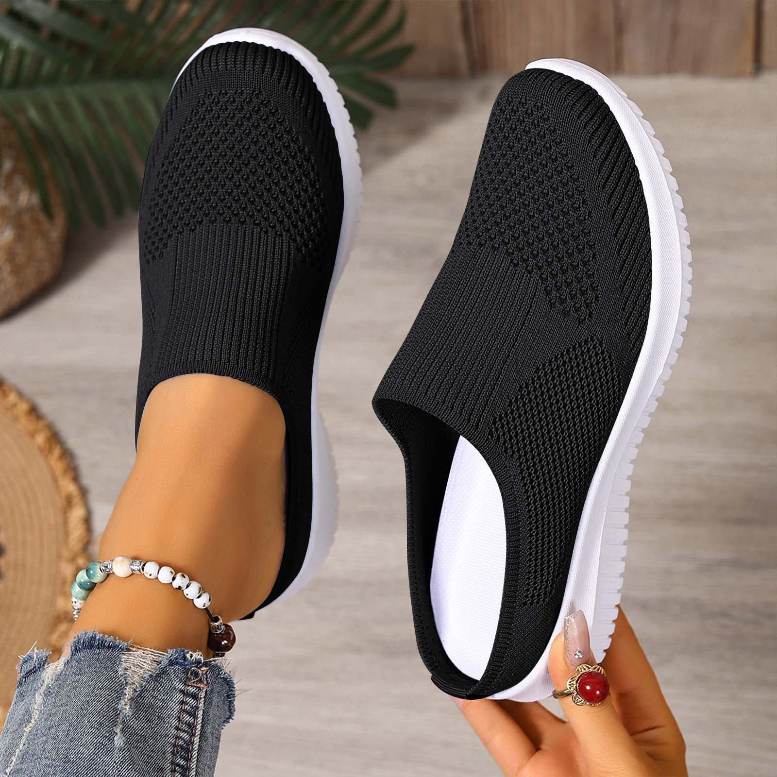 longantii Orthopedic Casual Shoes for Women Arch Support Slip on Non Slip Golf Shoes Lightweight Knitted Mesh Stretch House Shoes Comfortable 2026 New Foam Shoes Black