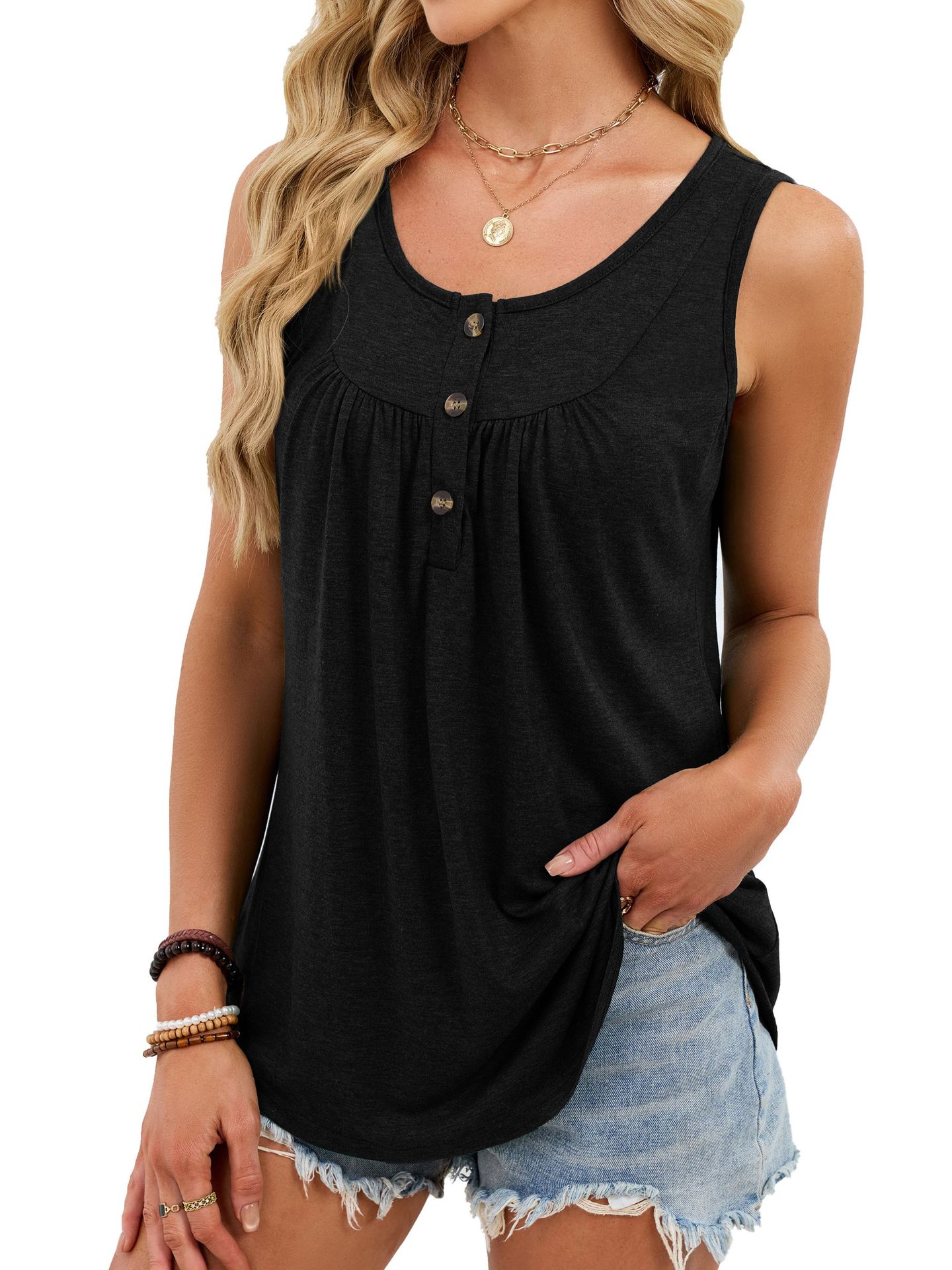 Damen-T-Shirt, einfarbig, Rundhalsausschnitt, Knopfleiste, ärmellos