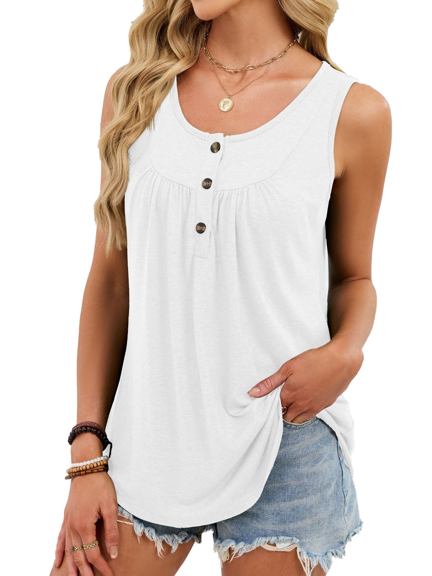 Damen-T-Shirt, einfarbig, Rundhalsausschnitt, Knopfleiste, ärmellos