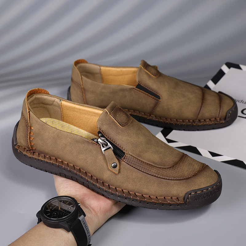 🔥Heißer Verkauf🎉Herren Handgefertigte, lässige, bequeme Leder-Slip-On-Schuhe mit seitlichem Reißverschluss